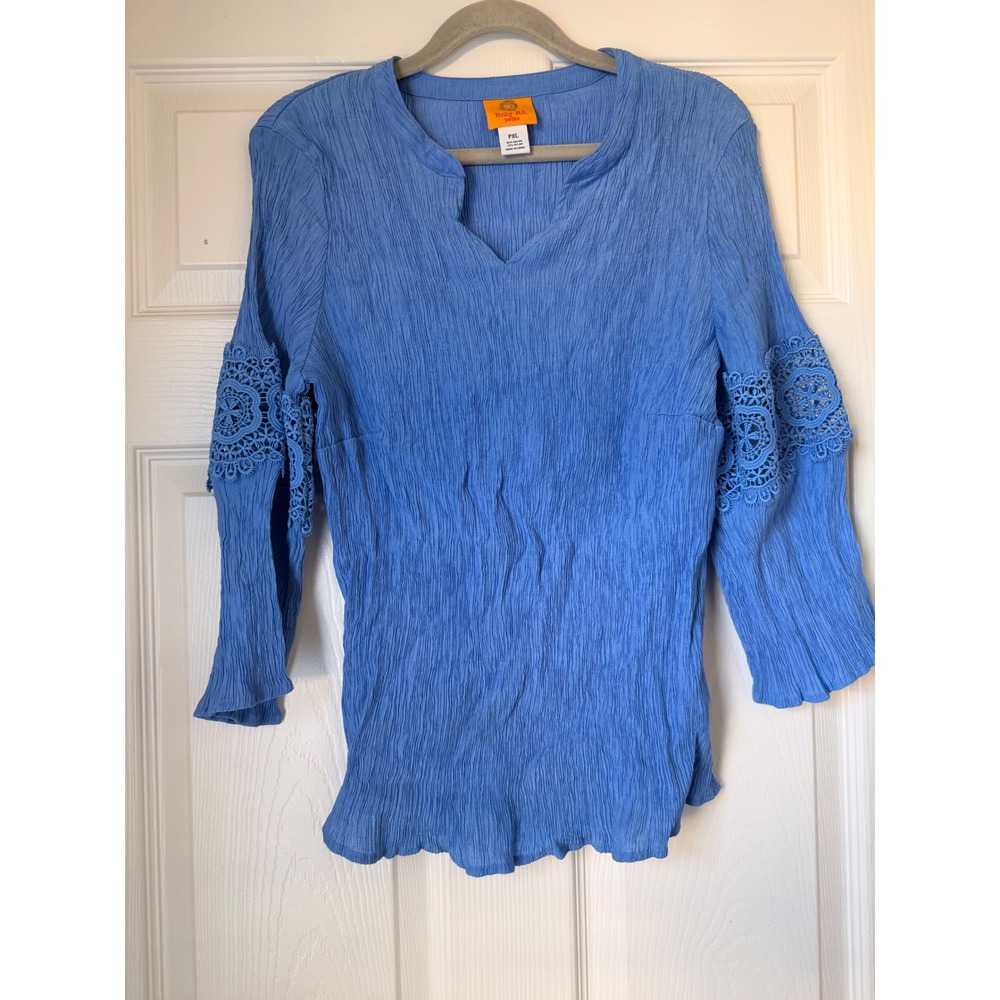 Ruby Rd Petite Blue Crinkle Blouse Crochet Lace Sleeve Split V-Neck Top PXL